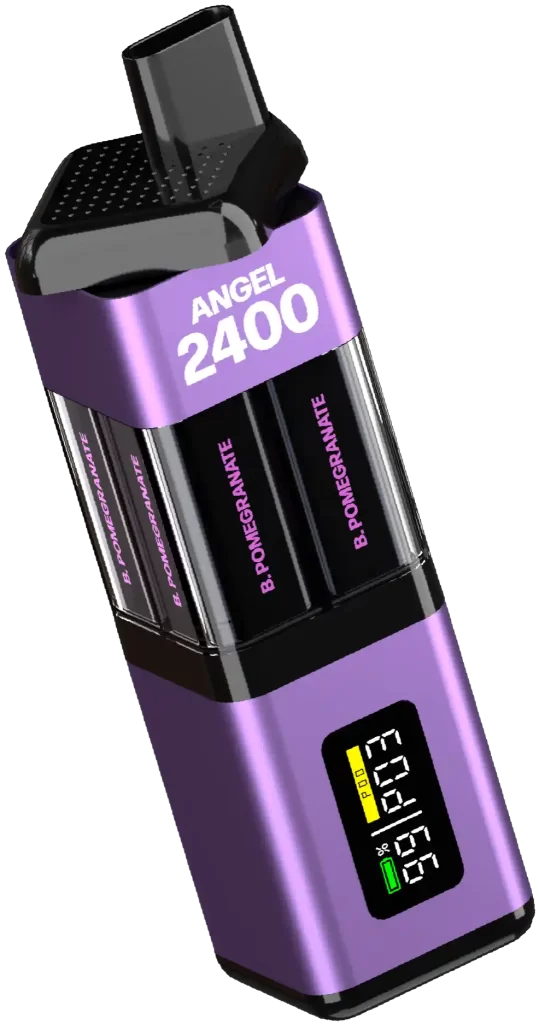 A Purple Angel 4in1 B. Pomegranate rechargeable vape device in a slightly left tilted